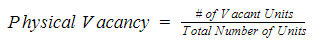 Physical vacancy calculation of the number of vacant units divided by the total number of units.