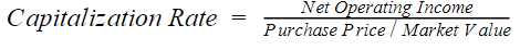 capitalization rate equals net operating income divided by purchase price divided by market value