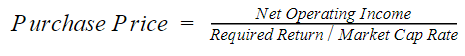 purchase price equals net operating income divided by required return or market cap rate